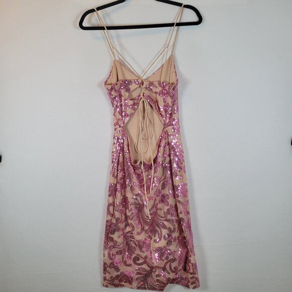 Bebe Women Sequin Open Back Sparkle Mesh Short Dress Size Medium Pink Y2k Barbie - Picture 13 of 14